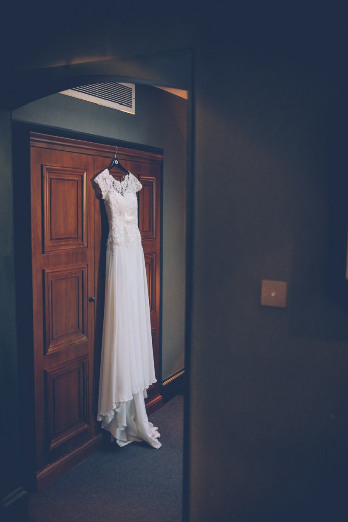 Wedding dress hanging up