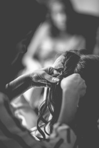 Bride having hair done