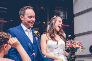 Bride and groom with confetti