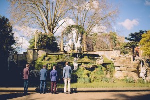 Couple and witnesses at fountain