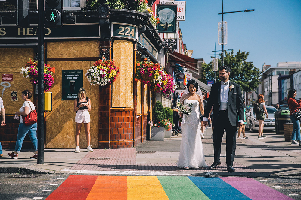 couple on rainbow crossing camden lockdown wedding
