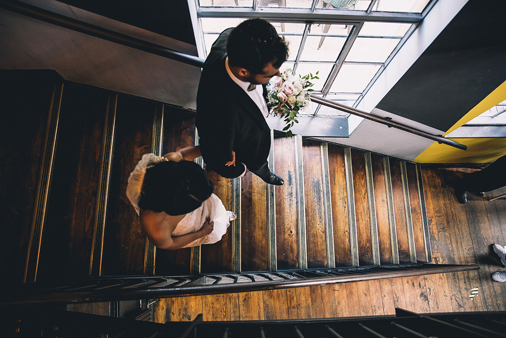 couple on stairs camden lockdown wedding